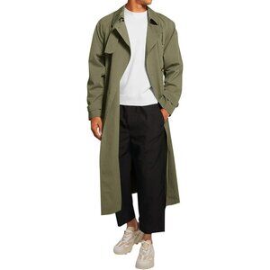 Mens Army Green  Double Breasted Belted Windbreaker Jackets Lapel Trench Coat
